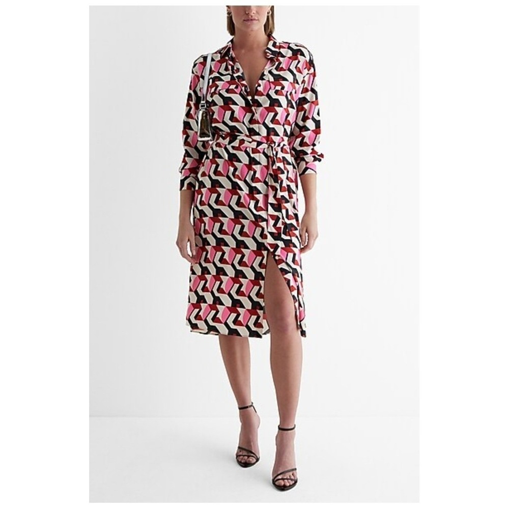 Women's sz L Express Black Red Long Sleeve Cuffed Button Down Shirt‎ Dress SNL